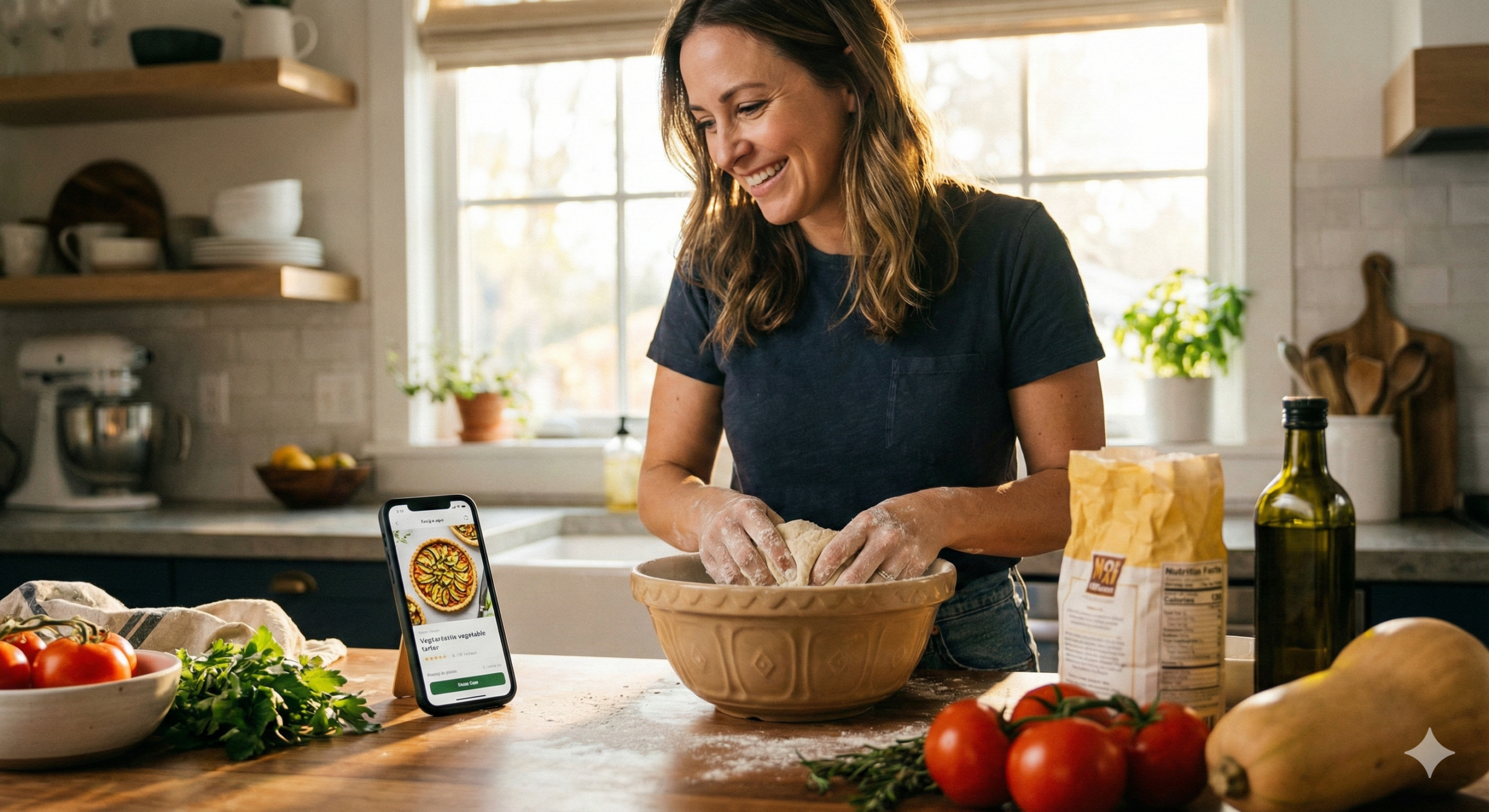 Person cooking using a mobile app with screen on