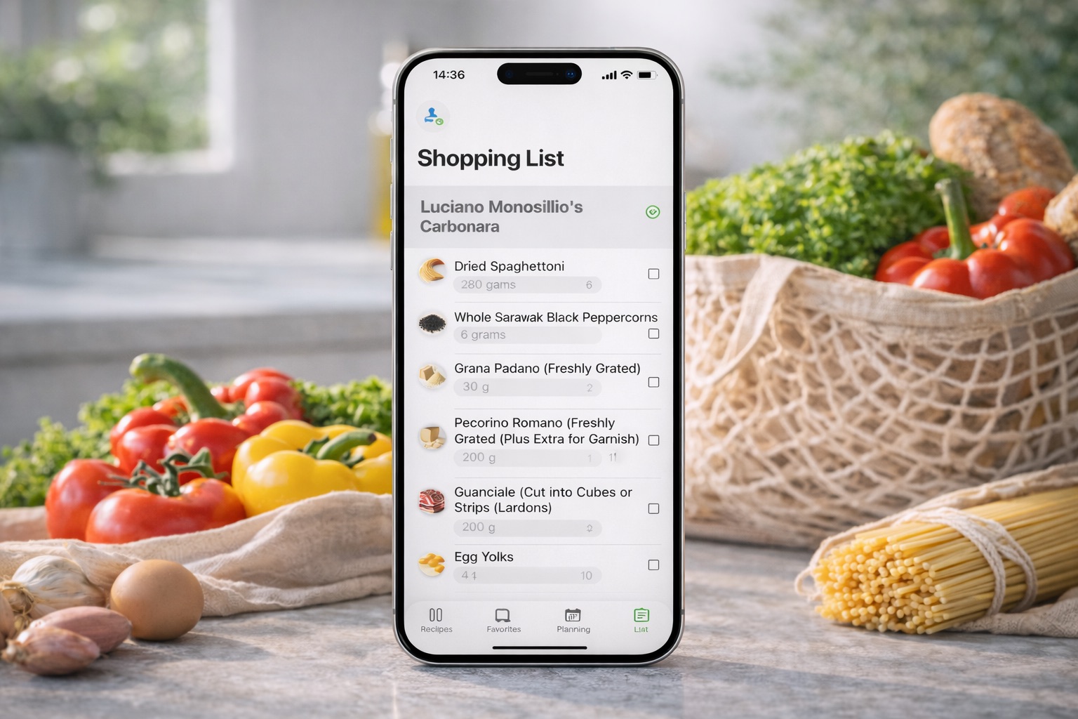 Smartphone displaying shopping list with fresh ingredients